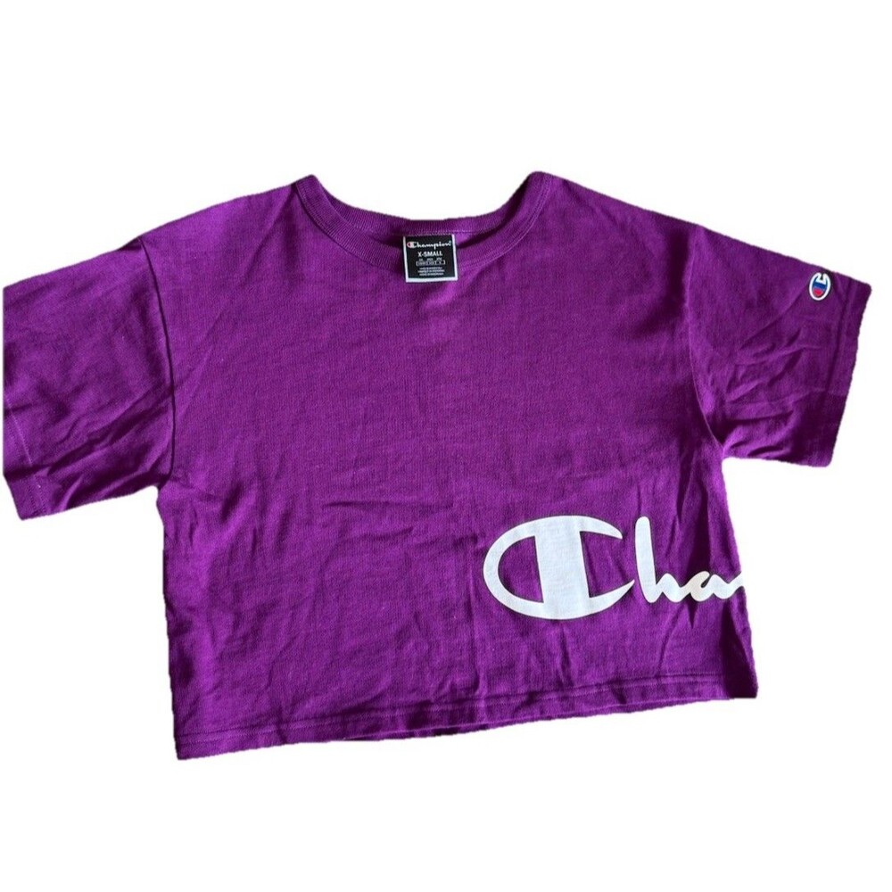 Champion Crop Top Purple Logo Tee Shirt Women’s Size X Small Athletic Streetwear